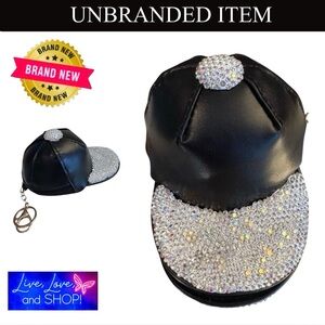 🦋 COIN PURSE/KEYCHAIN: Black Baseball Cap w/Rhinestones, Chain & Zipper, NWOT